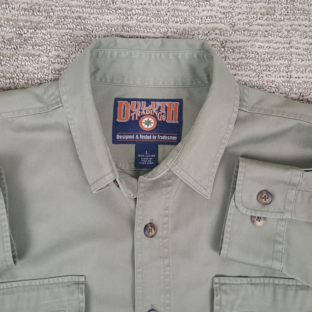 Duluth Trading Co Mens Large Sage Green Cotton‎ Long Sleeve Work Shirt L Utility